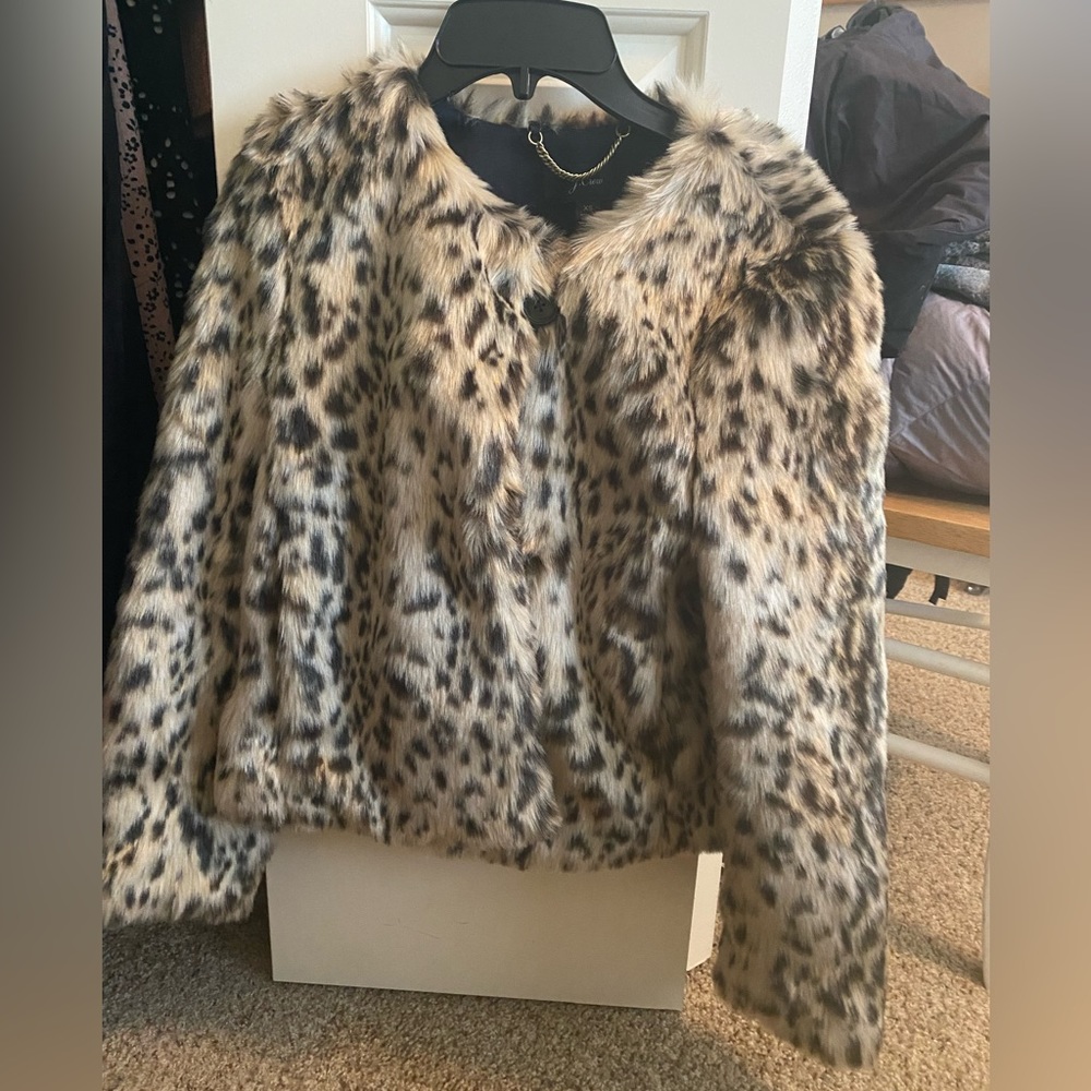 J. Crew Leopard Faux Fur Jacket in Cream and Black